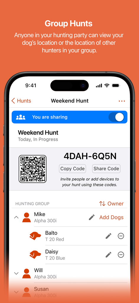 Garmin Alpha - Écran de chasses de groupe Garmin Alpha montrant un code QR pour le partage et une liste de chasseurs et de chiens suivis