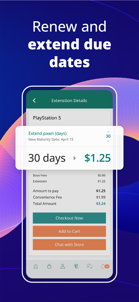 Interfaz de la aplicación MobilePawn para renovar y extender las fechas de vencimiento de préstamos prendarios