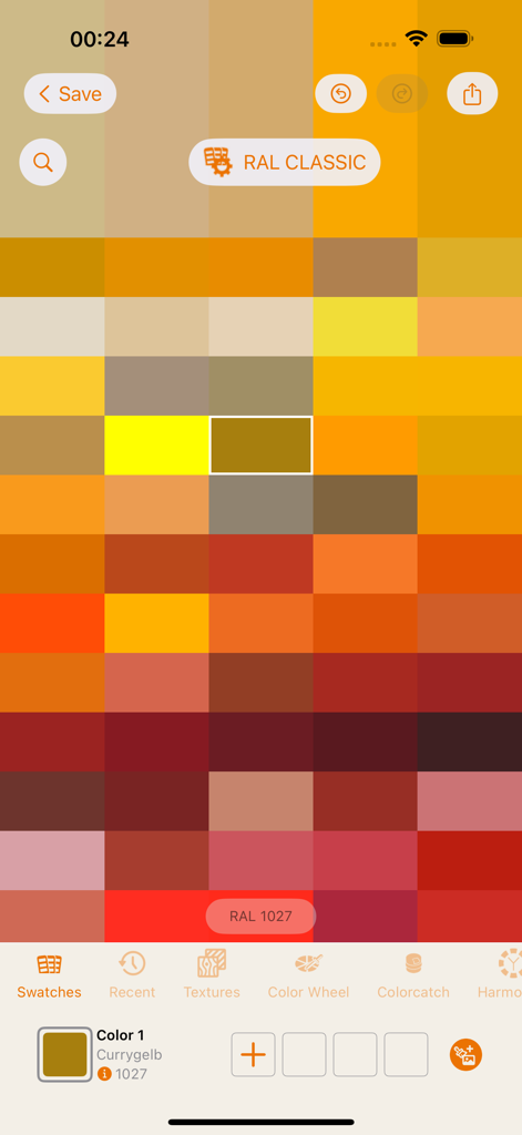 Une grille d'échantillons de couleurs RAL CLASSIC dans l'interface de l'application RAL iColours