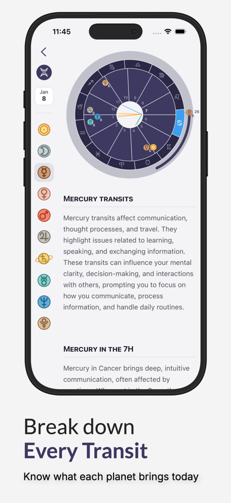 Horos - Birth Chart - A mobile interface of the Horos app showing an astrological birth chart and a detailed breakdown of Mercury transits.