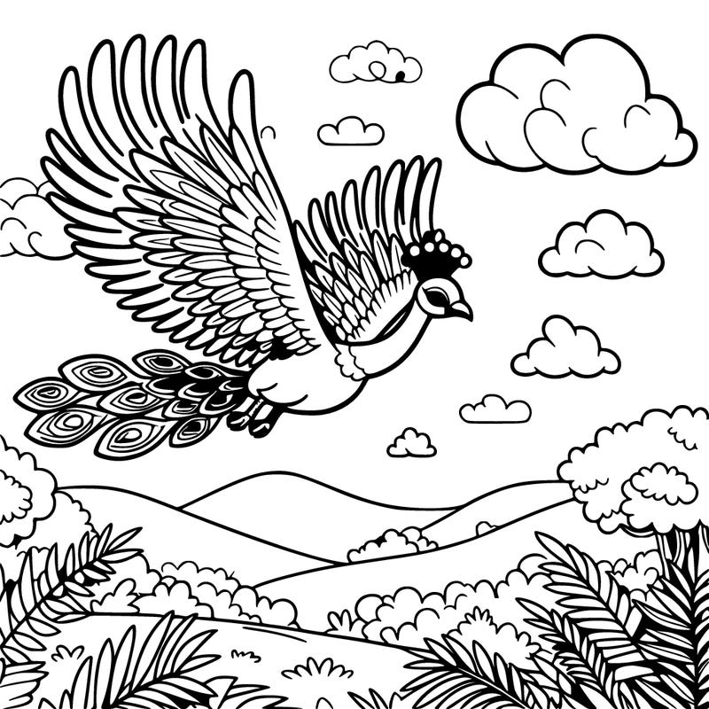 pecock flying in the sky over the jungle