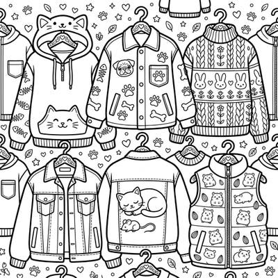 Explore a whimsical wardrobe filled with your favorite animal friends in this charming coloring template. From cozy cat hoodies to playful pug jackets, personalize each piece with your unique artistic touch.