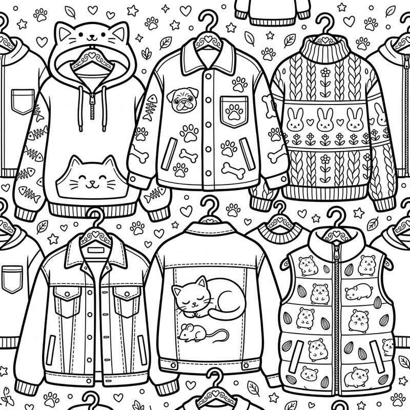 Explore a whimsical wardrobe filled with your favorite animal friends in this charming coloring template. From cozy cat hoodies to playful pug jackets, personalize each piece with your unique artistic touch.