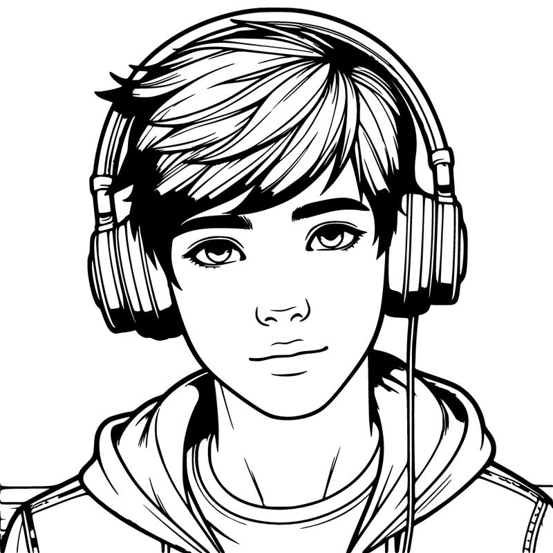 realistic teen boy wearing headphones and a hoodie