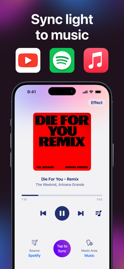 Led Light Controller app interface showing how to sync smart lights with music from Spotify and YouTube