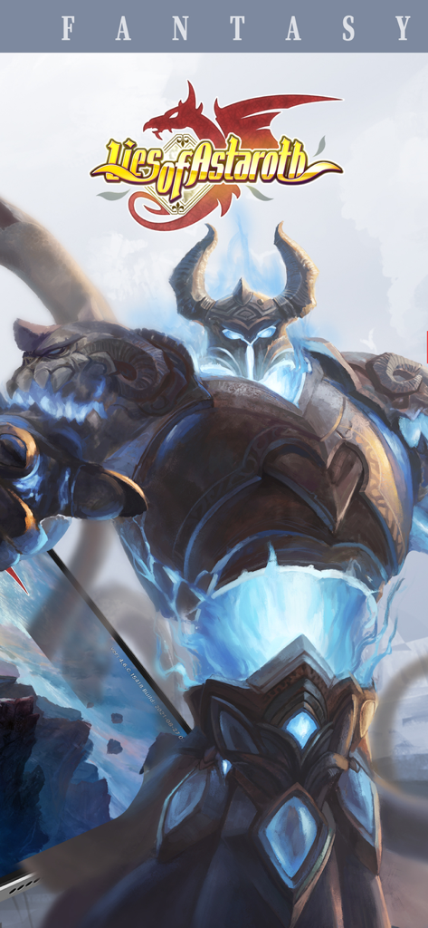 An armored warrior with glowing blue flames and the Lies of Astaroth game logo