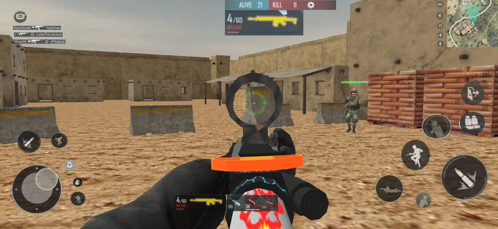First person view of a mobile shooter game featuring a tactical rifle and desert combat environment