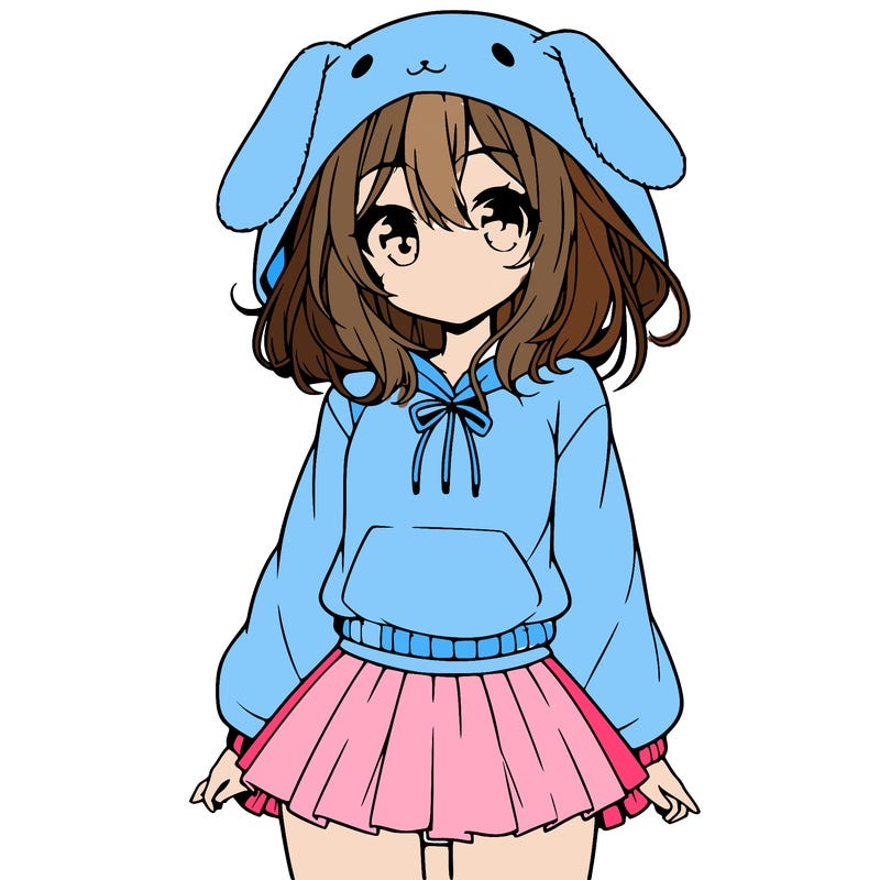 pretty anime girl wearing a fluffy hoodie with bunny ears on the hood and a skirt