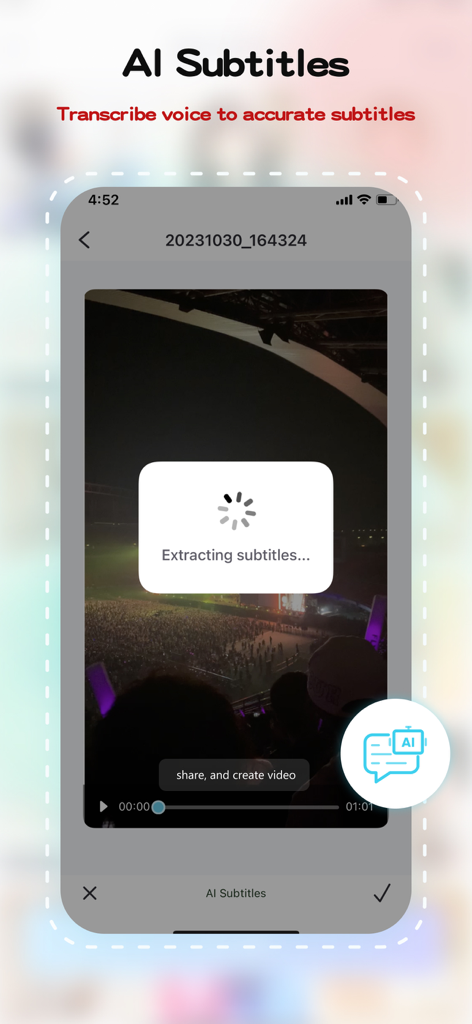 ApowerREC app interface showing the AI subtitles feature extracting text from a mobile video