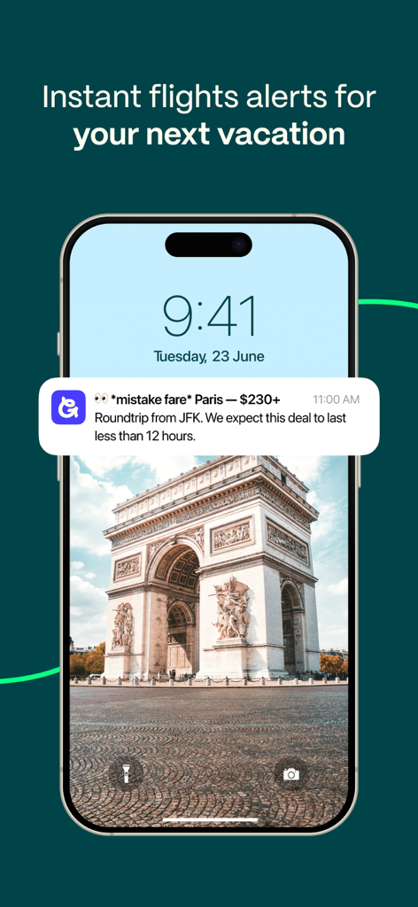 Smartphone lock screen showing a Going app notification for a mistake fare flight deal to Paris for 230 dollars.
