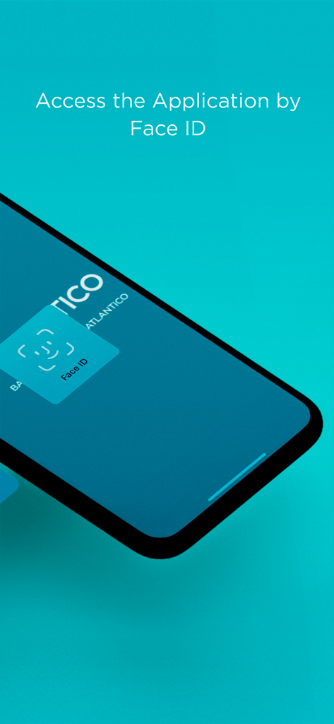 Pantalla de smartphone mostrando la aplicación Banca Móvil ATLANTICO con inicio de sesión Face ID para acceso seguro.