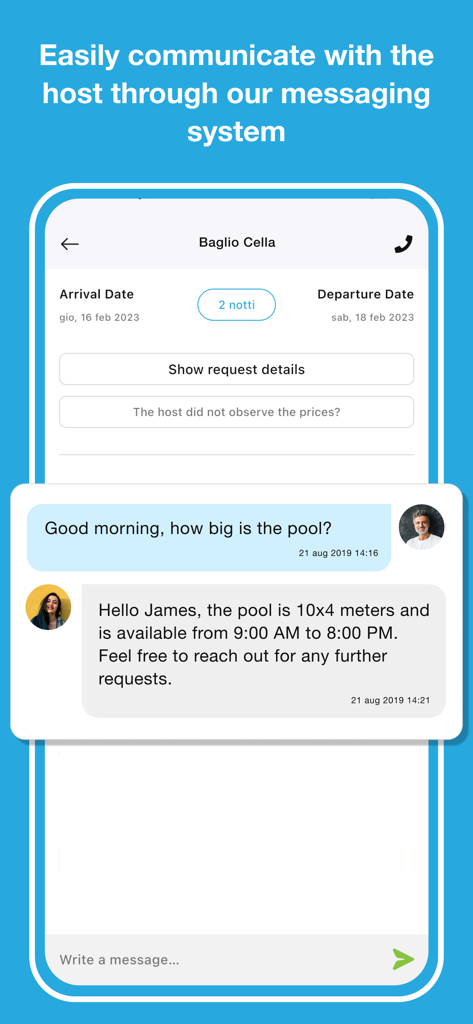 Case Vacanza Italia - Messaging interface in the Case Vacanza Italia app showing a conversation between a guest and a host about property details