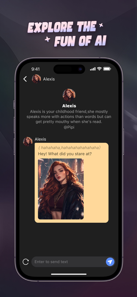 Honey.AI - Honey AI mobile app interface showing a real time chat with a customizable AI character named Alexis