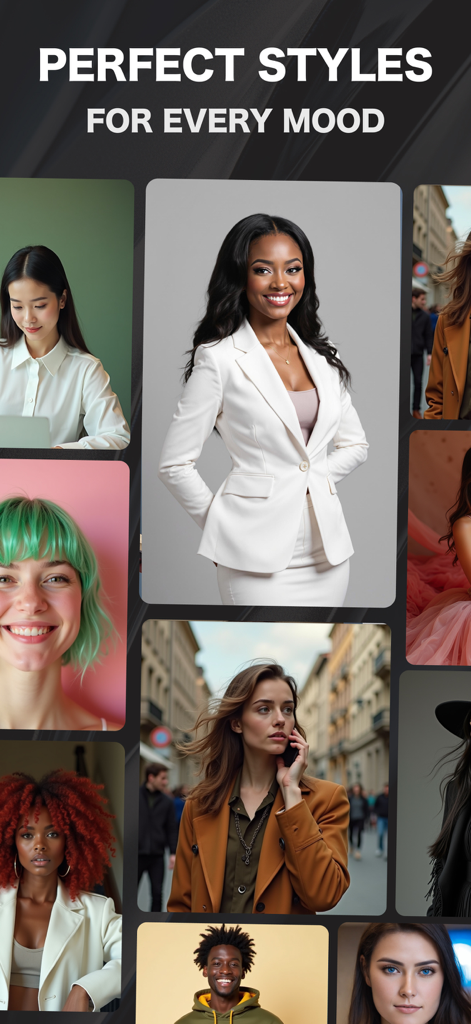 AI Headshot Photo Generator ・ - Eine Collage aus verschiedenen professionellen und kreativen KI-generierten Bewerbungsfoto-Stilen für unterschiedliche Stimmungen.