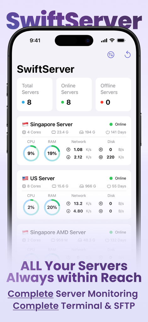 SwiftServer - Monitoring & SSH - SwiftServer app dashboard on iPhone showing real-time CPU, RAM, network, and disk monitoring for multiple global servers.