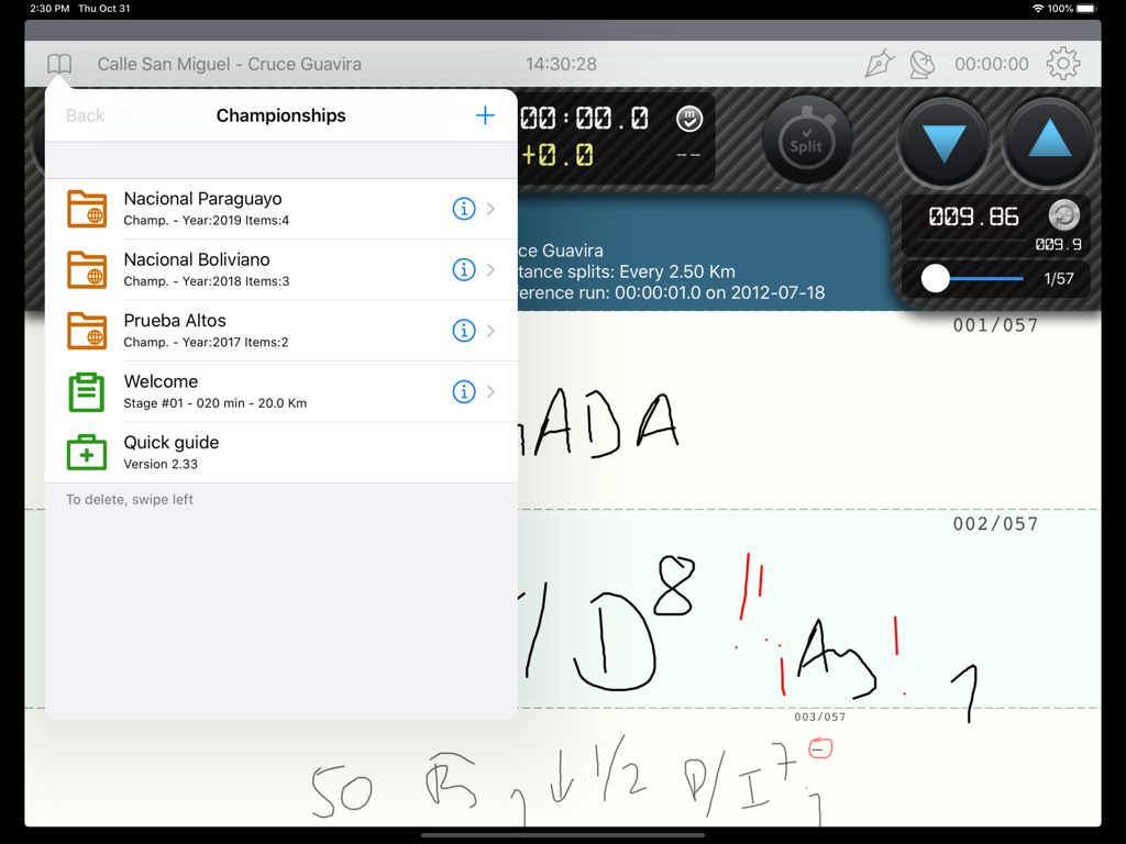 iNotebook pro by iCodriver - The championships list overlaying digital pace notes in the iNotebook pro rally app.