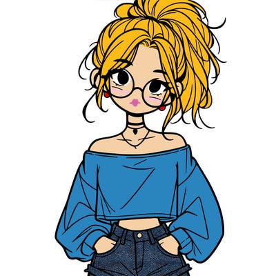 girl with a messy ponytail glasses a baggy crop top and jean shorts