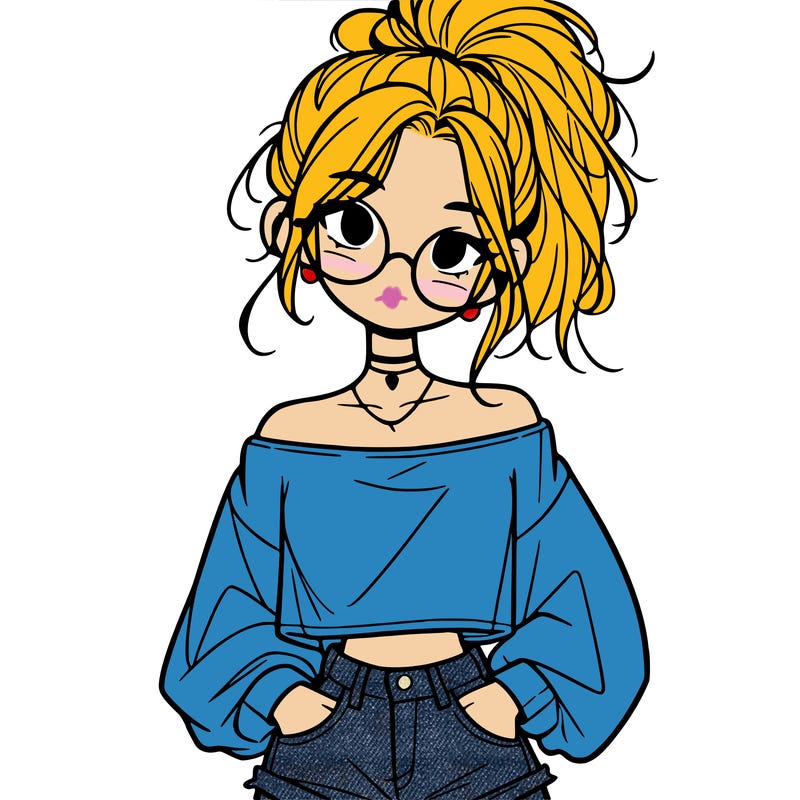 girl with a messy ponytail glasses a baggy crop top and jean shorts