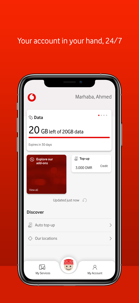 My Vodafone Oman - Dashboard of the My Vodafone Oman app displaying data usage, credit balance, and service options