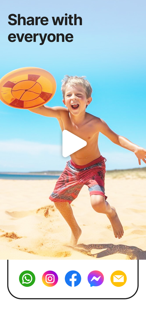 Sharing screen of SpeedPro app featuring a video of a boy on a beach and icons for sharing to Instagram Facebook and WhatsApp