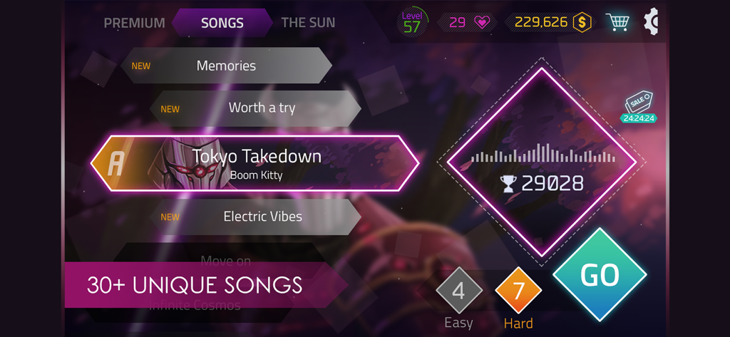 Beat Tiles: Rhythmatic tap - Beat Tilesアプリの曲選択メニュー。トラックのリストと未来的なネオンUI要素が表示されている