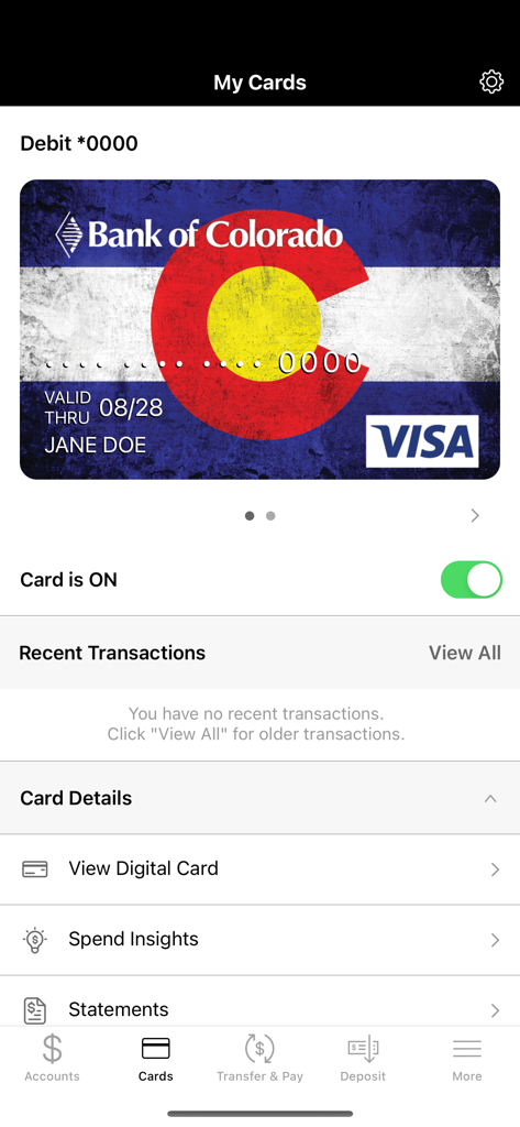 Bank of Colorado - Bank of Colorado mobile app debit card management screen