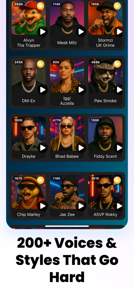 Rap AI - Make Music Videos - A selection of AI artist voices and musical styles for creating music videos