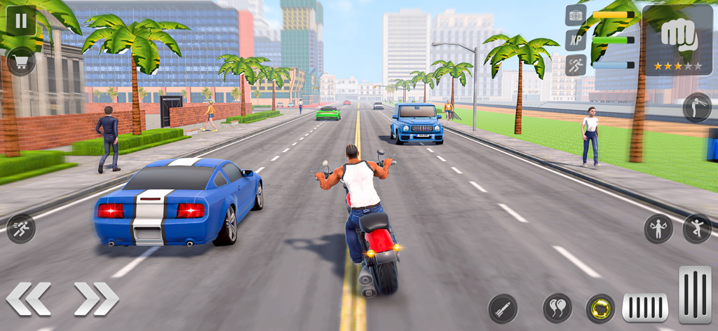 Vegas Gangster Shooting Games - Personagem andando de motocicleta vermelha em uma rua da cidade em Vegas Gangster Shooting Games.