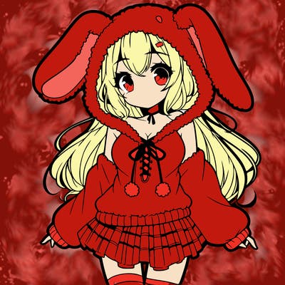 pretty anime girl wearing a fluffy hoodie with bunny ears on the hood and a skirt