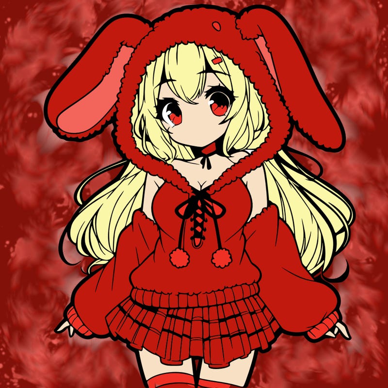 pretty anime girl wearing a fluffy hoodie with bunny ears on the hood and a skirt