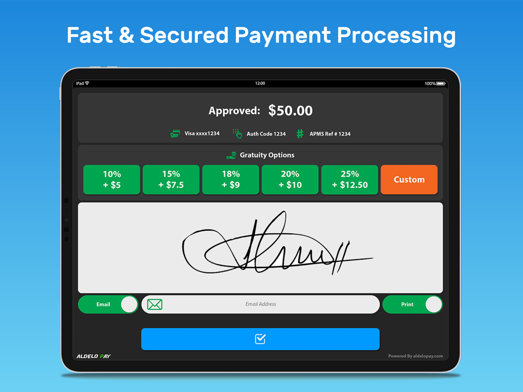 Aldelo Express - Point of Sale - Pantalla de pago del punto de venta Aldelo Express mostrando opciones de propina y captura de firma