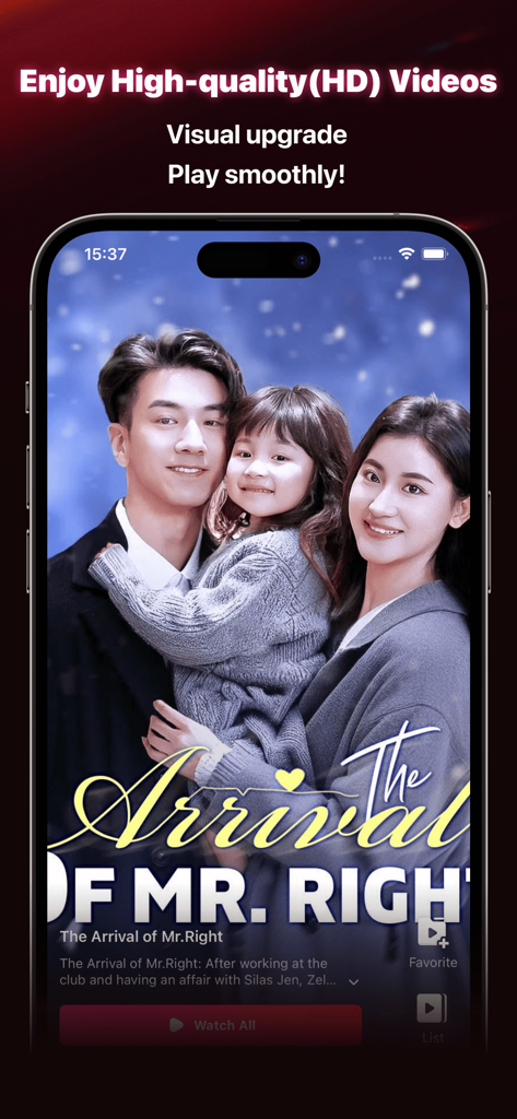 RapidTV - Interfaccia dell'app RapidTV che mostra un video di alta qualità di un episodio di breve dramma intitolato 'The Arrival of Mr. Right'