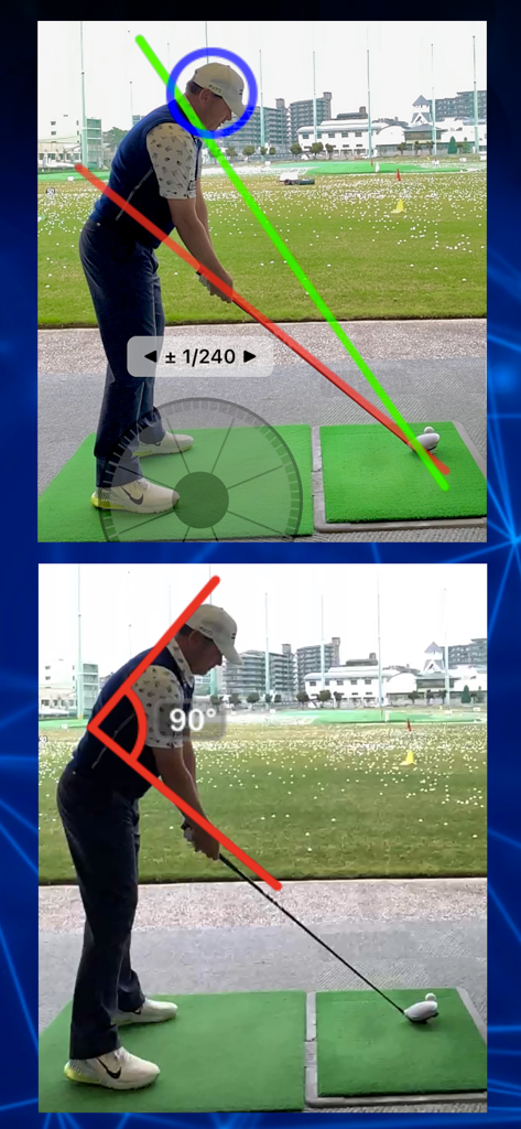 Golf Swing Check - Slow Movie - Golf swing check app displaying swing plane lines and angle measurement tools