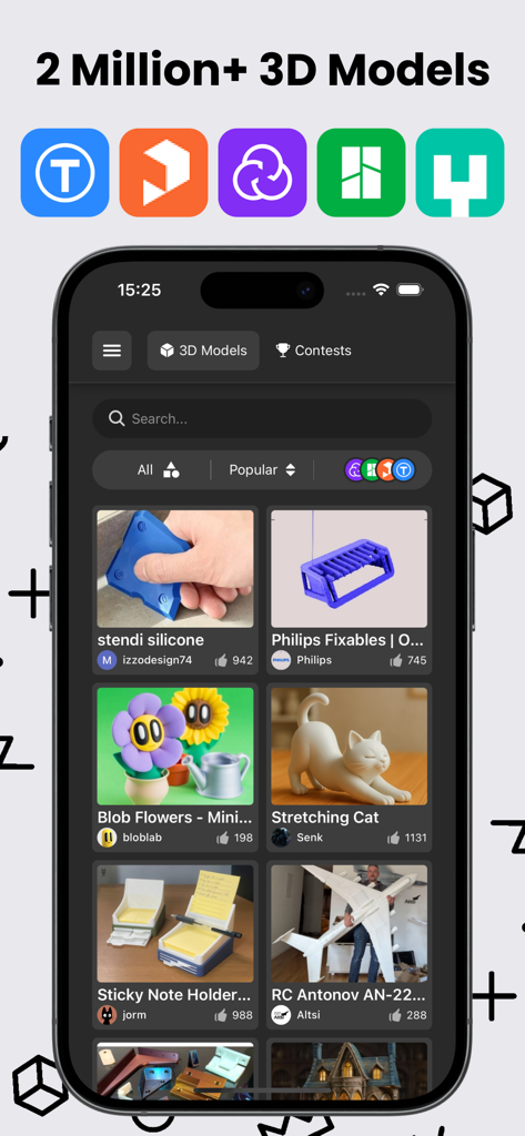 Mobile app interface of 3D GO displaying a gallery of diverse 3D printing models with icons of supported platforms like Thingiverse and Printables
