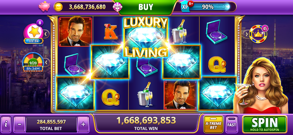 Juego de Gambino Casino Slots mostrando la temática Luxury Living con diamantes y una gran ganancia virtual