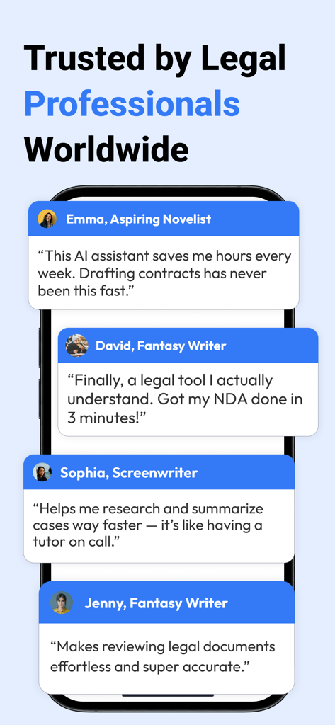 AI Lawyer - AI Legal Assistant - Reseñas y testimonios de clientes para la aplicación Abogado IA que muestran comentarios de varios profesionales