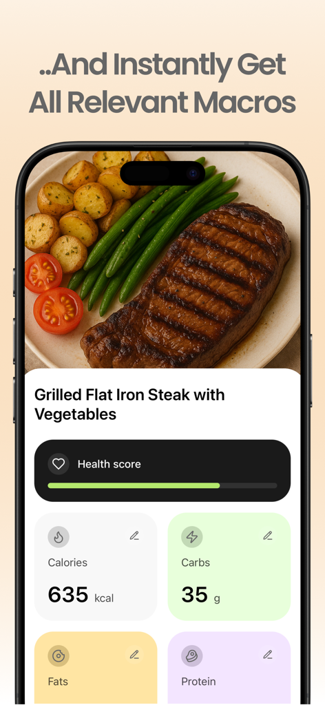 Nutrio - AI Calorie Tracker - Nutrio AI app screen displaying calorie and macro breakdown for a grilled steak and vegetable meal