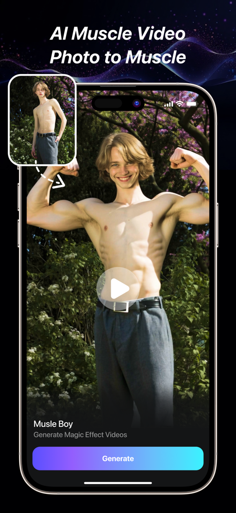 Genie AI - AI Video Generator - A smartphone display showing the Genie AI app interface with an AI muscle transformation effect from a photo to a video.