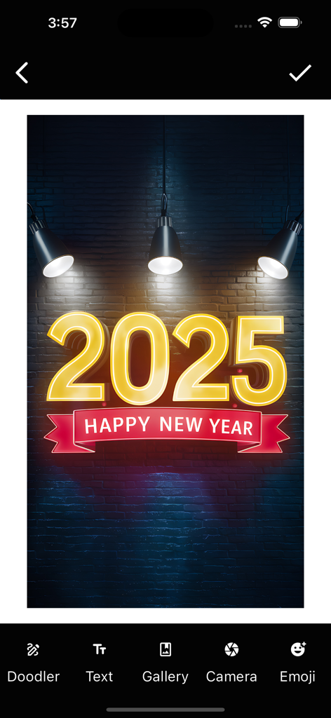 황금 숫자가 있는 맞춤 제작 카드와 편집 도구를 보여주는 새해 2026 인사 모바일 앱 인터페이스