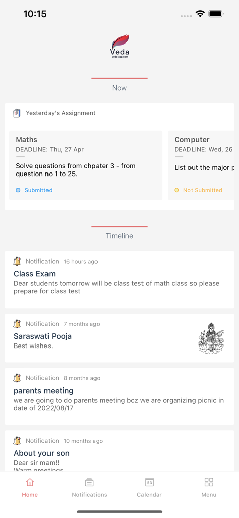 Veda - Students App - Home screen of the Veda app showing student assignments and a timeline of school notifications