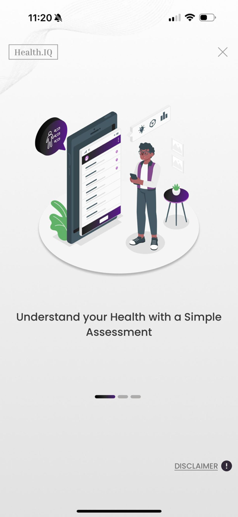 Health.IQ - Health IQ app onboarding screen showing a person completing a health assessment on their smartphone.