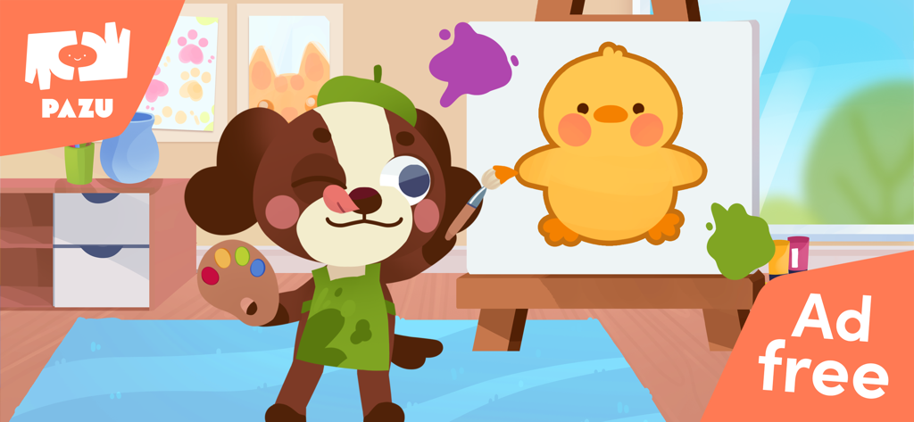 A cartoon dog character painting a yellow chick on a canvas in an ad free toddler game