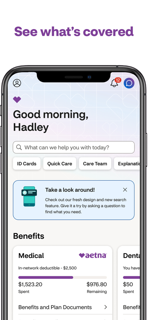 Aetna Health - Aetna Health app home screen displaying medical plan benefits and deductible spending tracker