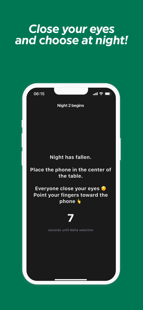 A phone screen showing instructions for the night phase of the Mafia party game telling players to close their eyes.