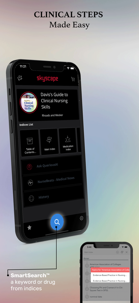 Davis Clinical Nursing Skills - Interfaccia dell'app Davis Clinical Nursing Skills che mostra la schermata principale e la funzione SmartSearch su uno smartphone