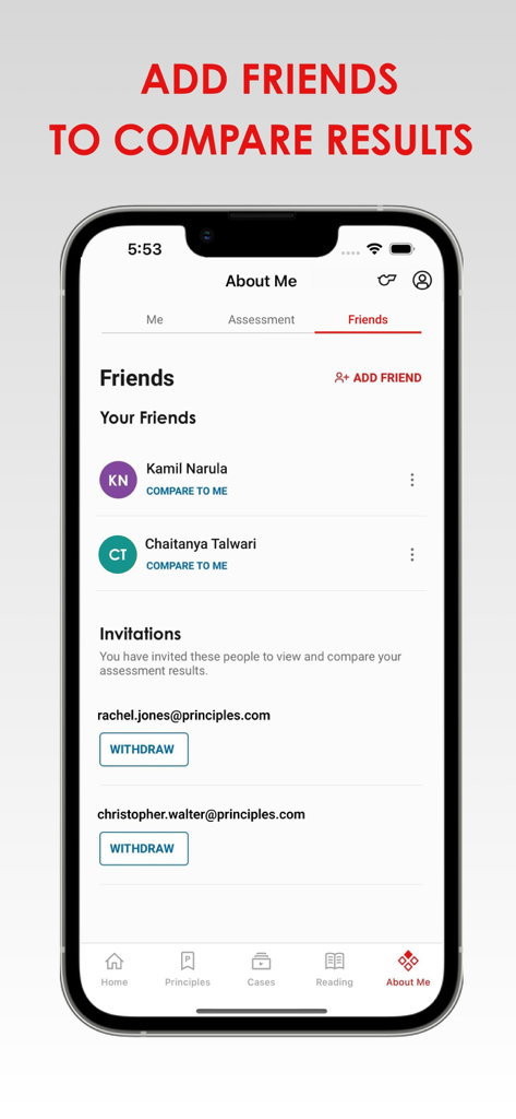 Principles In Action - A screenshot of the Principles In Action app showing the friends list for comparing personality assessment results