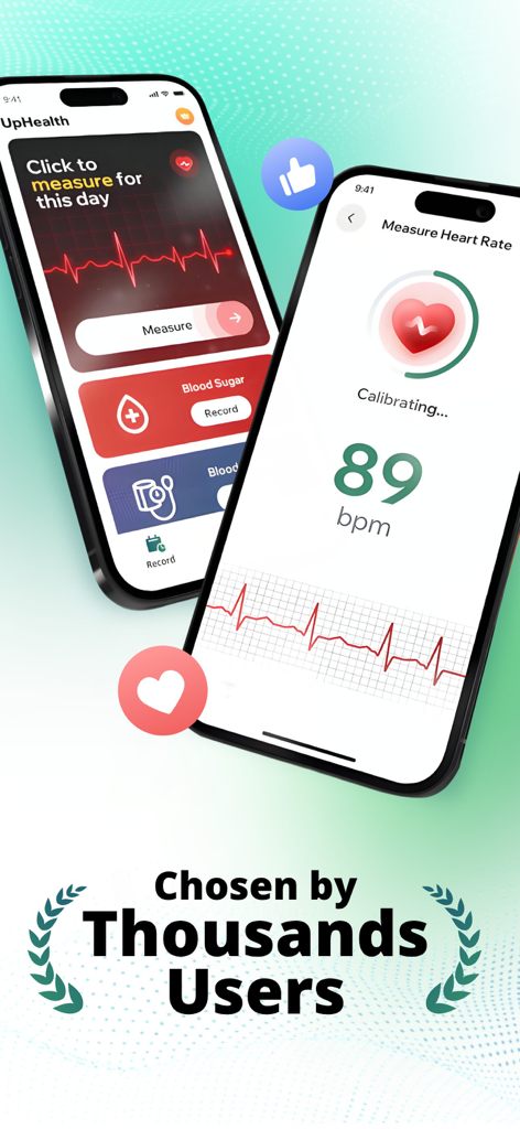 UpHealth:Heart Rate Monitor - bpm 측정 및 건강 데이터 추적이 포함된 UpHealth 심박수 모니터 앱 인터페이스를 보여주는 두 대의 아이폰