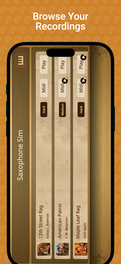 Saxophone Sim - Browse recordings screen in Saxophone Sim app showing a list of songs with play and midi buttons