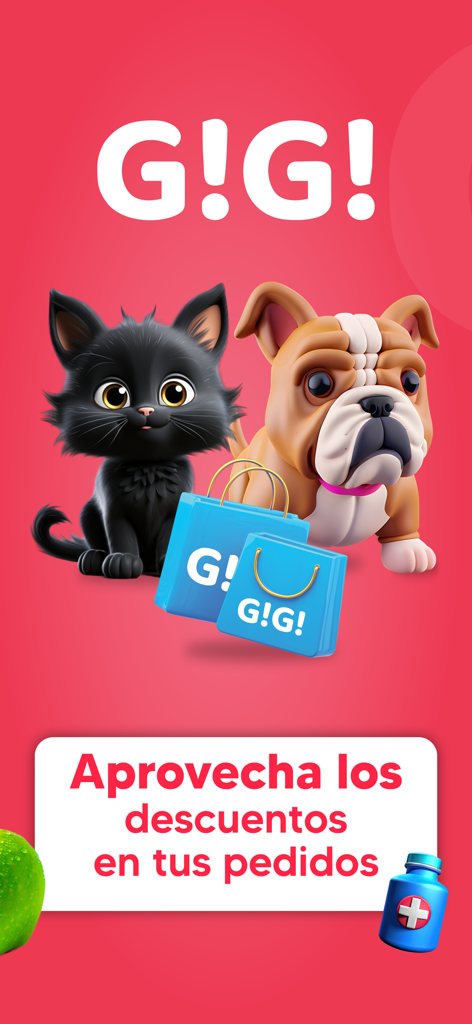 GiGi Food: Super, Comida Y Más - GiGi Food app promotional screen with a cat, dog, and shopping bags offering discounts in Spanish.