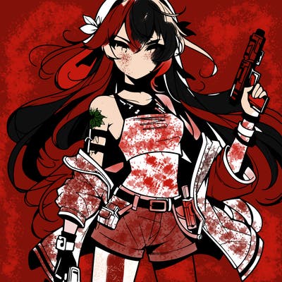 bad girl wearing crop top holding a gun long hair anime